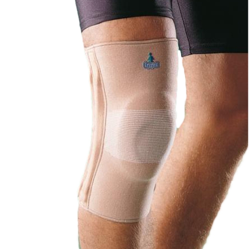 Elastyczny stabilizator stawu kolanowego z przewiewnej tkaniny, ze wzmocnieniami bocznymi i silikonowym wzmocnieniem rzepki - 2438